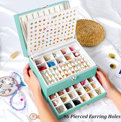 QBestry Earrings Jewelry Box for Girls, 5 Layers Jewelry Organizer with Earring Holder Organizer for Girls Earring Organizer Jewelry Boxes for Women Earrings and Necklaces Jewelry Box Organizer Teal