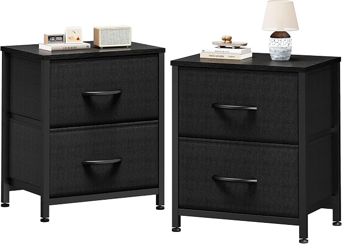 Sweetcrispy Nightstand Set of 2 with 2 Storage Drawers, 20" Height Small Bed Side Furniture End Table, Wooden Top Fabric Cabinet Kids Mini Dresser for Bedroom, Closet, Entryway, College Dorm, Black