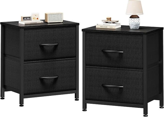 Sweetcrispy Nightstand Set of 2 with 2 Storage Drawers, 20" Height Small Bed Side Furniture End Table, Wooden Top Fabric Cabinet Kids Mini Dresser for Bedroom, Closet, Entryway, College Dorm, Black
