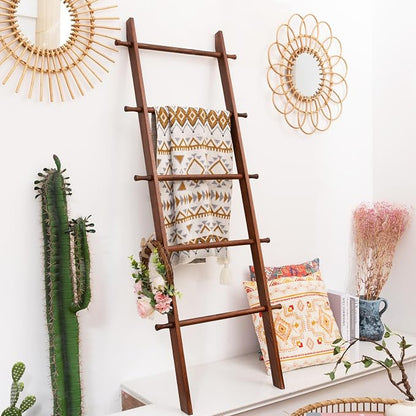 Blanket Ladder, 5-Tier Wooden Quilt Stand, Decorative Ladder Shelf, Farmhouse Ladder Blanket Holder, Wall Leaning Towel Storage Rack for Living Room, Brown