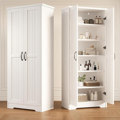 70" Tall Storage Cabinet, Large Wood Storage Pantry Cabinet with 6 Adjustable Shelves & 2 Doors, Standing Utility Storage Cabinets for Kitchen, Bathroom, Dining Room (Soft White)