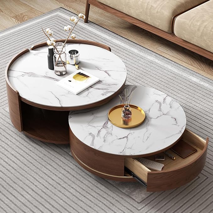 Lartis Nesting Coffee Table with Drawer Round Coffee Table Sintered Stone Coffee Table