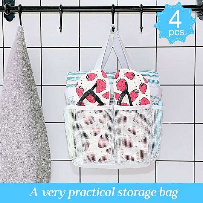 Hillban 4 Pcs Mesh Shower Caddy Portable Shower Caddy for Dorm Beach Mesh Bags with Deeper 8 Pockets and Handles Showers Caddies Basket for Women College Room Vacation(White)