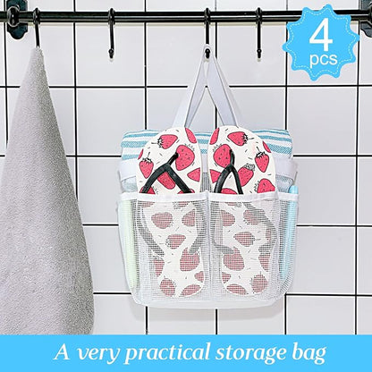 Hillban 4 Pcs Mesh Shower Caddy Portable Shower Caddy for Dorm Beach Mesh Bags with Deeper 8 Pockets and Handles Showers Caddies Basket for Women College Room Vacation(White)