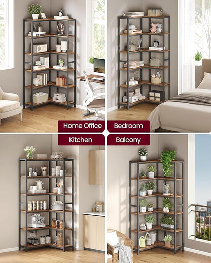 VASAGLE 6 Tier Bookshelf with Metal Frame, Convertible Industrial Corner Shelf, 9.4 x 40.2 x 69 Inches, for Living Room, Bedroom, Home Office, Rustic Brown and Ink Black ULLS606K01