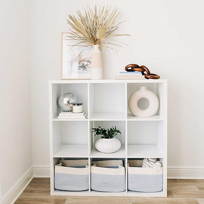 OrganiHaus Set of 3 Woven Storage Baskets for Shelves, Decorative Organizer Bins for Closet & Bathroom, Multipurpose Home Organization Baskets, Toy Storage Basket - Blue/Off-White, 15x9x10 inches