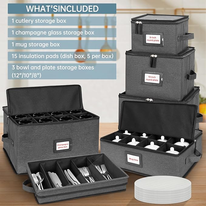 ANILD China Storage Containers 6-Piece Set, Hard Shell Box Moving Dishes, Plates, Wine and Glasses, Dinnerware, Mugs, Saucers, Ideal for Kitchen Organization