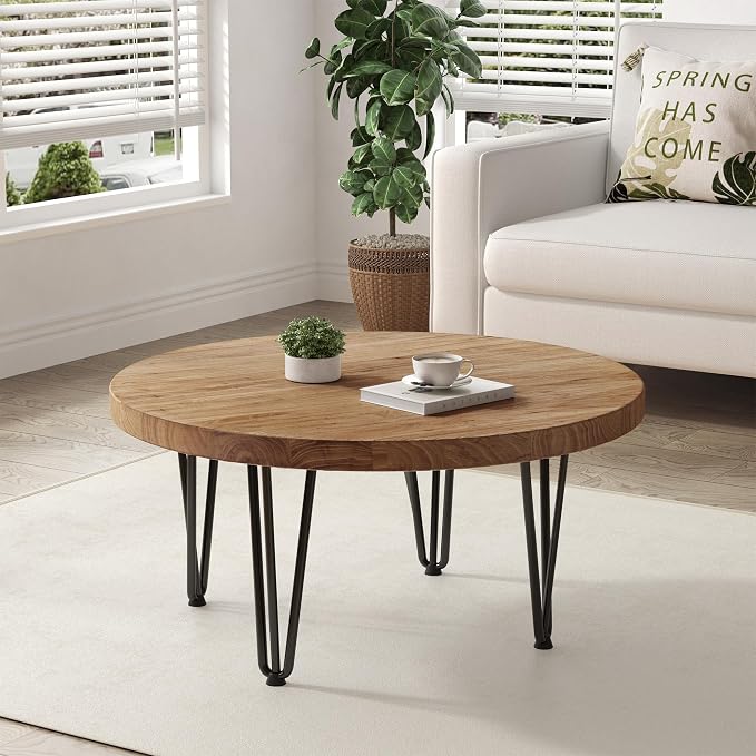 FLYJOE Rustic Wood Round Coffee Table with Metal Legs, Solid Elm Wood Top and Non-Slip Feet Pads - Farmhouse Style for Living Room, Natural