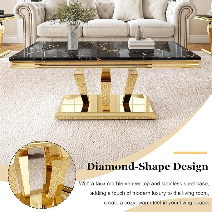 Modern Marble Coffee Table, 47" Living Room Table with Diamond-Shape Stainless Steel Base and Thickened Faux Marble Top for Living Room, Bedroom, Lounge (Gold,Black)