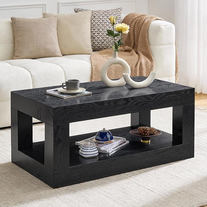 LKTART 39.37" Coffee Table with Storage, 2-Tier Mid Century Rectangular Accent Table with Thick Tabletop, Rustic Style Cocktail, Center Table for Living Room, Office, Apartment (Black)