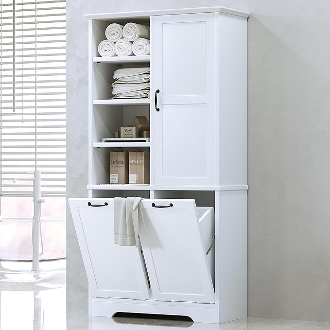 Merax Cabinet with Tilt-Out Laundry Hamper Basket, Tall Bathroom Storage Organizer Linen with Open Shelf for Home, Freestanding, White