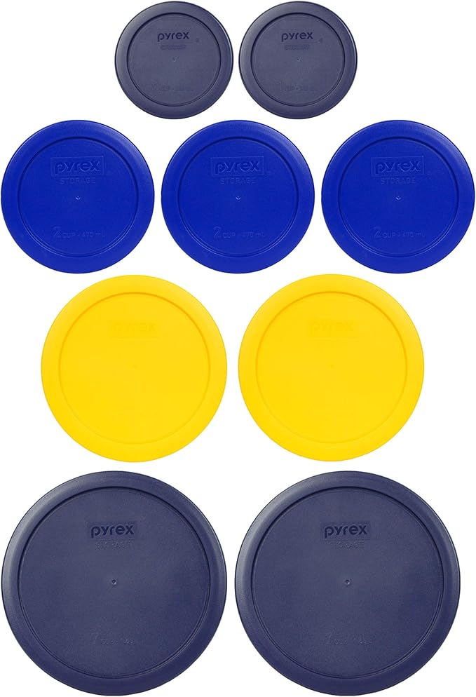 Pyrex (2) 7202-PC 1-Cup Dark Blue, (3) 7200-PC 2-Cup Cadet Blue, (2) 7201-PC Meyer Yellow 4-Cup, & (2) 7402-PC 6/7-Cup Blue Lids - Made in USA