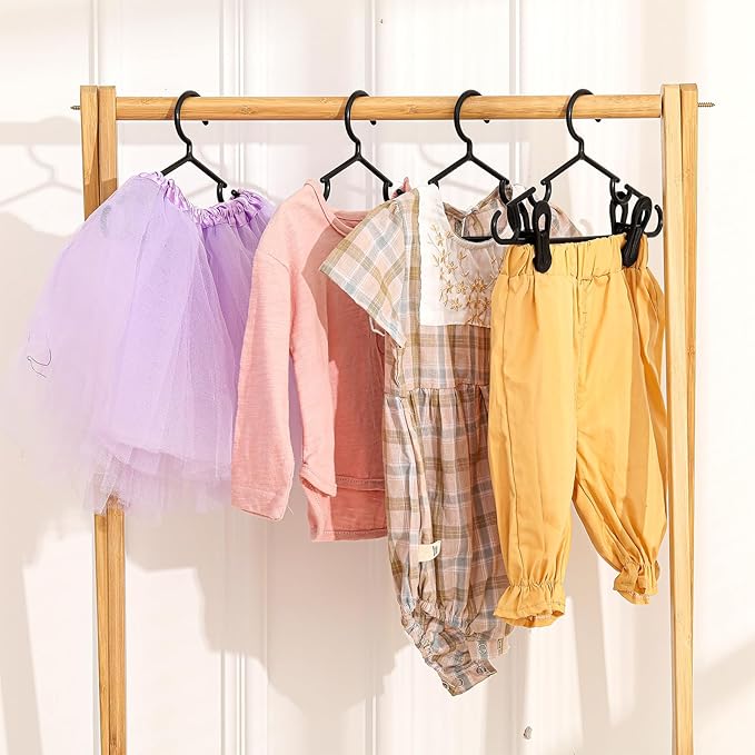 Hsei 5/10/40 Pack Baby Hangers with 10/20/80 Clips, Plastic Kids Pants Hangers for Nursery Closet Top and Bottom Clothes Hanger Set for Newborn Infant Toddler(120 Packs Total,Black,10.6 Inch)