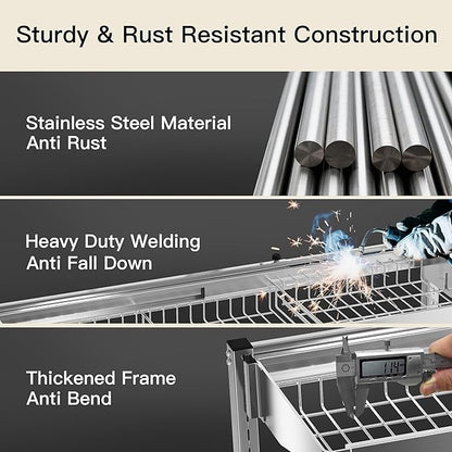 3 Tier Extra Large Stainless Steel Expandable Over The Sink Dish Drainer Drying Rack, Rust Proof Metal, Space Saving, Modern Silver Big Capacity Extendable Plate Strainers Above Kitchen Counter