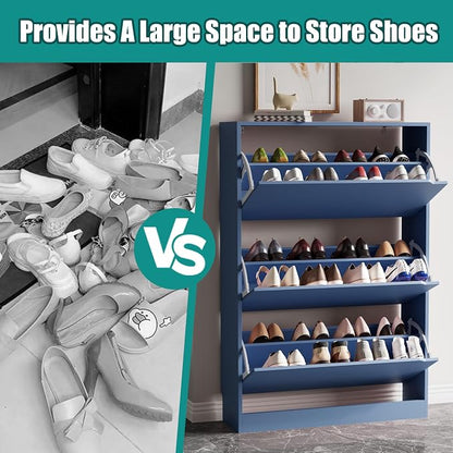 Xixini Shoe Storage Cabinet for Entryway with 3 Flip Drawers, Sturdy Wood Hidden Shoe Storage, Freestanding Narrow Slim Shoe Organizer for Front Door Entrance, Living Room, Hallway, Bedroom, Blue