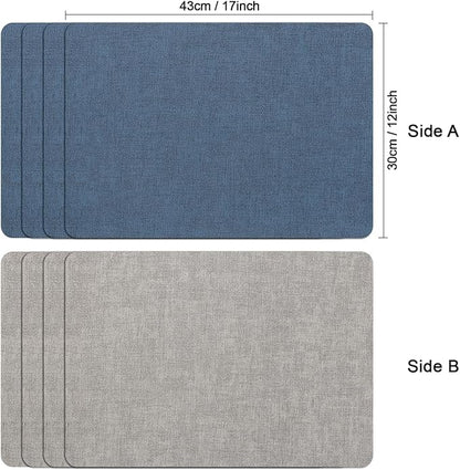Myir JUN Reversible Vinyl Placemats Set of 6, Faux Leather Place Mats Dual Sided Waterproof Wipeable, Heat-Resistant Table Mats for Kitchen Dining Indoor Outdoor (12" x 17", Light Gray Navy Blue)