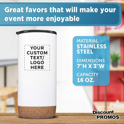 DISCOUNT PROMOS Custom Tumblers Cork Bottom 16 oz Set of 10/50/100 Personalized Bulk Pack Double Wall Insulated Matte Finish Iced Coffee Soda - White