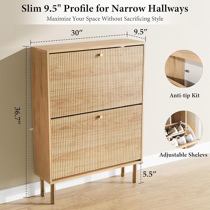 Nicetree Shoe Storage Cabinet for Entryway - Flip Shoe Cabinet with Tiered Fluted Design - Slim Shoe Storage Rack with Gold Legs - Narrow Shoe Cabinet Hidden Shoe Organizer for Small Spaces