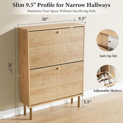 Nicetree Shoe Storage Cabinet for Entryway - Flip Shoe Cabinet with Tiered Fluted Design - Slim Shoe Storage Rack with Gold Legs - Narrow Shoe Cabinet Hidden Shoe Organizer for Small Spaces