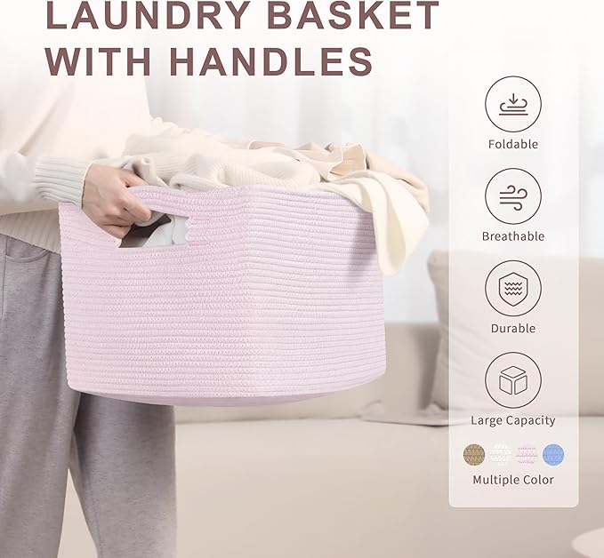 SunNewt 45L Small Baby Girls Laundry Basket for Nursery Storage,Cute Woven cotton Rope Baskets for Kids Toy，Gifts, Boho Square Wicker Blanket hamper for Living Room,Bedroom Dirty Clothes,Pink