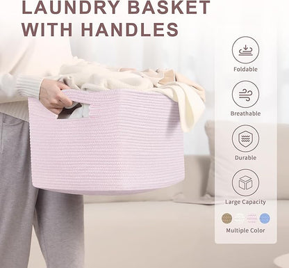SunNewt 45L Small Baby Girls Laundry Basket for Nursery Storage,Cute Woven cotton Rope Baskets for Kids Toy，Gifts, Boho Square Wicker Blanket hamper for Living Room,Bedroom Dirty Clothes,Pink