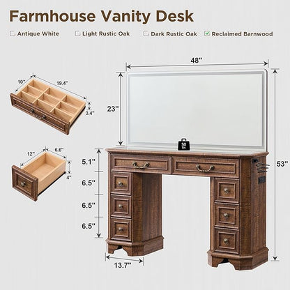 Makeup Vanity Desk with 48" HD Lighted Mirror, Farmhouse Vanity Table with 8 Drawers, Vanity Desk with 3 Color Modes, Dressing Table with Glass Top and Charging Station for Bedroom