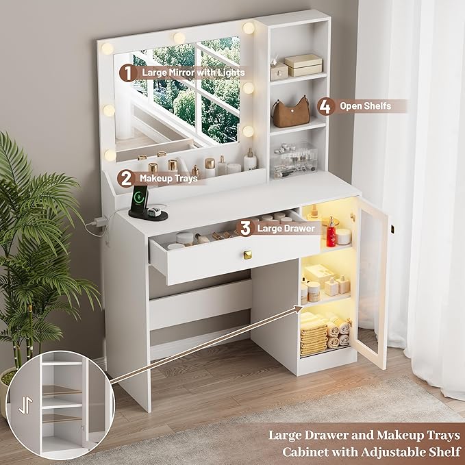 Makeup Vanity with Mirror and Lights, 34'' Wide Dressing Table & RGB Glass Cabinet, Small Vanity Desk with 3 Color Lighting Modes & Adjustable Brightness, White