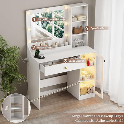 Makeup Vanity with Mirror and Lights, 34'' Wide Dressing Table & RGB Glass Cabinet, Small Vanity Desk with 3 Color Lighting Modes & Adjustable Brightness, White