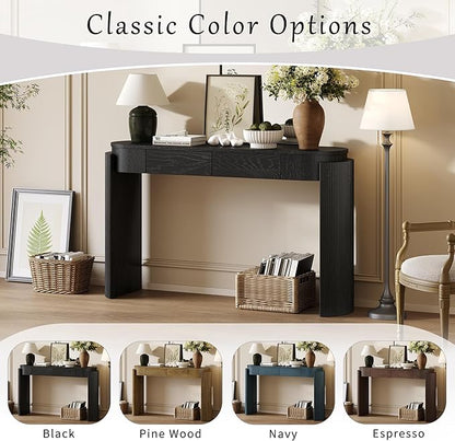 Entryway Table with Natural Wood Grain Finish, Console Table with Fluted Design, Oval Top and 2 Drawers for Entryway and Living Room (Black)