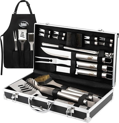 Kaluns Grilling Accessories, Dad Gifts for Fathers Day, Grilling Gifts, Heavy Duty Stainless Steel BBQ Tool Set for Outdoor Grill with Aluminum Case and Apron, Birthday Gifts for Men Women