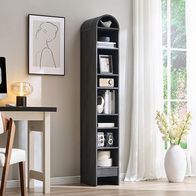 67" Tall Arched Bathroom Storage Cabinet, 8-Tier Modern Farmhouse Storage Cabinet with Adjustable Shelves, Wood Freestanding Cabinet for Bathroom, Living Room, Entryway, Hallway (Dark Grey)