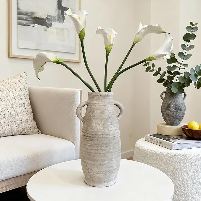Ceramic Rustic Farmhouse Vase, Distressed Decorative 12 Inch Flower Vase for Home Decor, Ideal Shelf Decor, White Boho Vase for Living Room Bedroom Kitchen Office Decor Centerpiece Table Decorations