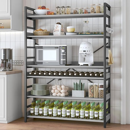 HCHQHS Bookshelf, Adjustable Industrial Bookcase, Vertical Tall Book Shelf, Wood and Black Metal Open Bookshelves for Home Office, Living Room, Bedroom (Grey, 6-Tier (47" W x 70" H))