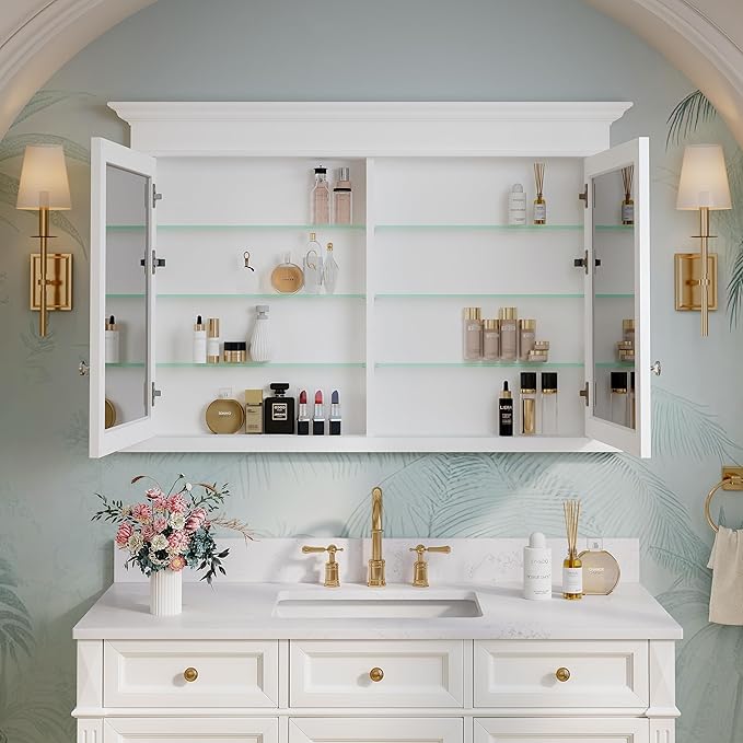 WELLFOR 48"x 32" Bathroom Medicine Cabinet with 3-Tier Adjustable Shelves, Recessed Solid Wood Medicine Cabinet with Mirrors, Wood Miiror Cabinet with 2 Soft-Close Door and Open/Built-in 6 Shelves