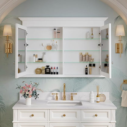 WELLFOR 48"x 32" Bathroom Medicine Cabinet with 3-Tier Adjustable Shelves, Recessed Solid Wood Medicine Cabinet with Mirrors, Wood Miiror Cabinet with 2 Soft-Close Door and Open/Built-in 6 Shelves
