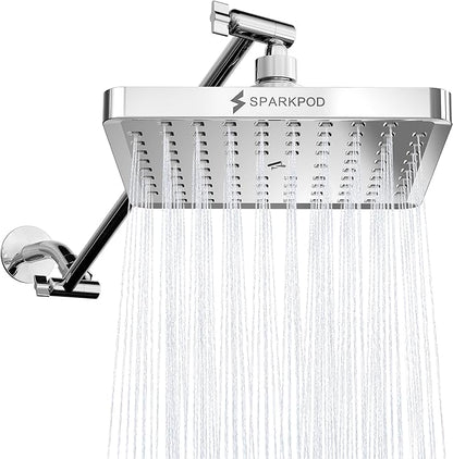 SparkPod Square Rain Shower Head with Extension Arm - Height Adjustable Shower Head with High Pressure Performance - Easy 1-Minute Installation (16" Arm Extension, Luxury Polished Chrome)