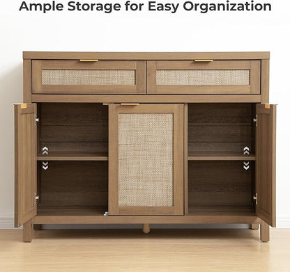 SICOTAS Rattan Sideboard Buffet Cabinet with Storage, Boho Credenza Accent Cabinet with 3 Doors and 2 Drawers, Farmhouse Console Coffee Bar for Kitchen Living Room Entryway, Caramel Oak, 2 PCS