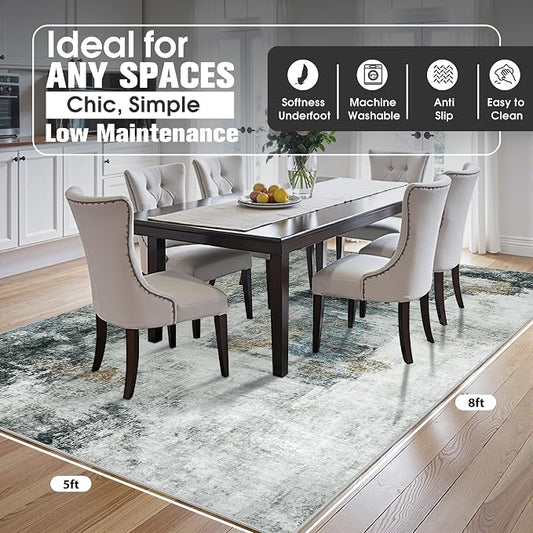 5x8 Area Rugs for Living Room Rug Washable: Abstract Rug for Dining Room Bedroom Carpet Non Slip 5 by 8 Indoor Modern Nursery Home Office Black Gold