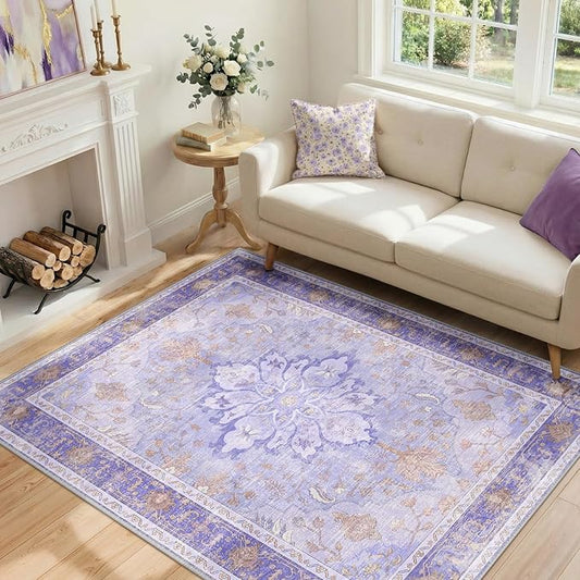 RELEANY Area Rugs 4'x6' Washable Non-Slip, Floral Vintage Distress Medallion Carpet for Living Room Bedroom Dining Room, Light Purple Brown