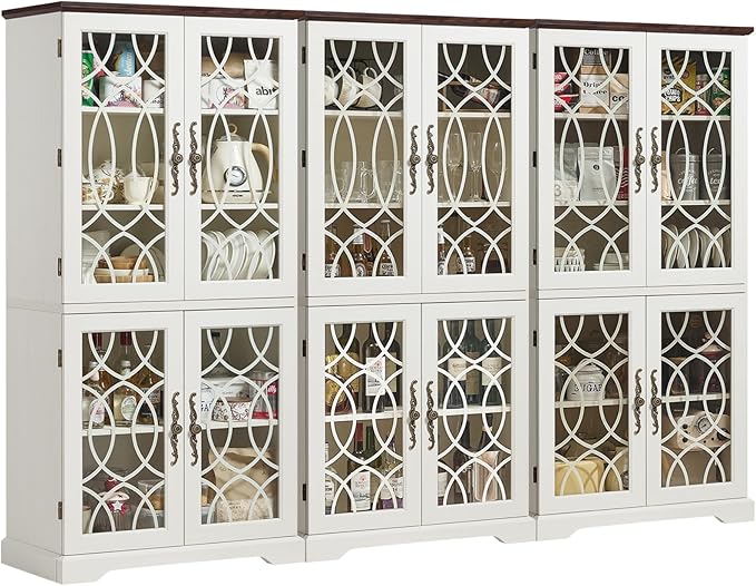 67" Tall Pantry Cabinet Set of 3, Vintage Kitchen Pantries Cabinets with Glass Doors & Adjustable Shelves, Wood Cupboard with Large Storage for Dingning Room, Bathroom, Antique White