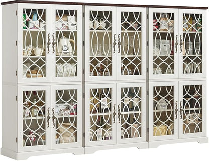 67" Tall Pantry Cabinet Set of 3, Vintage Kitchen Pantries Cabinets with Glass Doors & Adjustable Shelves, Wood Cupboard with Large Storage for Dingning Room, Bathroom, Antique White