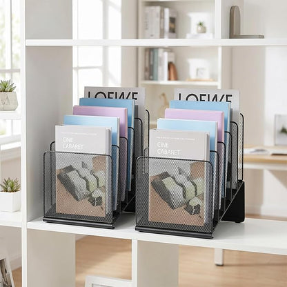 LEKETREE File Organizer for Desk, File Folder Organizer with 5-Section Vertical Rack, Suitable for Home Office Document Organization and Storage(Black 2-Pack)