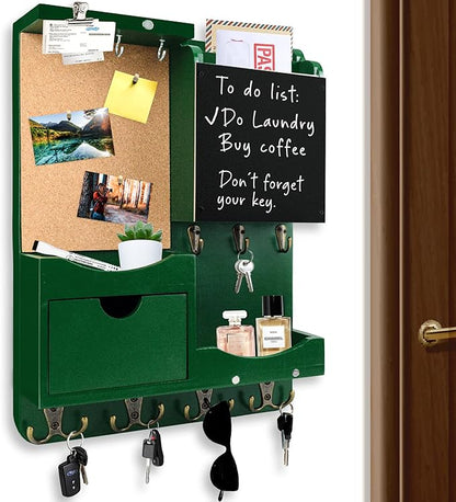 Key Holder Wall Mount， Mail Organizer Key Holder for Wall with Shelf, Drawer, Chalkboard, Corkboard, Home Decor Wall Mounted for Room Entryway (Green)