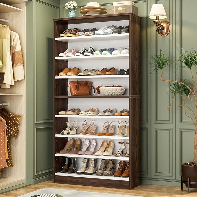 Homieasy Tall Shoe Cabinet, 9-Tier Wood Shoe Rack Organizer Cabinet for Closet, Freestanding Shoe Storage Cabinet with Adjustable Shelves for Entryway, Bedroom, Dark Walnut & White