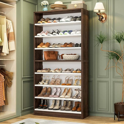 Homieasy Tall Shoe Cabinet, 9-Tier Wood Shoe Rack Organizer Cabinet for Closet, Freestanding Shoe Storage Cabinet with Adjustable Shelves for Entryway, Bedroom, Dark Walnut & White