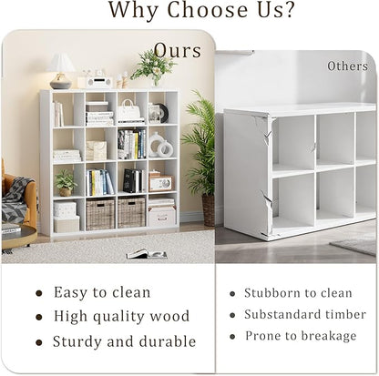 Cube Storage Organizer Bookcase, Decorative 11 inch Open Back Cubical Shelf with Thickened Border, Display Bookshelf for Living Room, Home Office, Sturdy Room (White, 16 Cube)