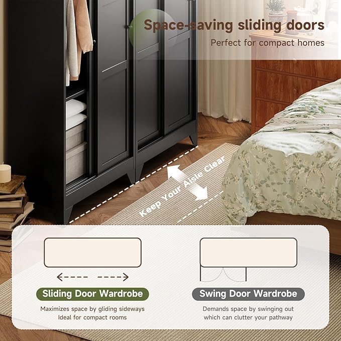 Letaya Metal Sliding Door Wardrobe Cabinets,68" Tall Armoire Wardrobe Closet with Sliding Doors and Shelves,Narrow Slim Coat Closet Cabinet with Hanging Rod,Space Saving for Home (Black)