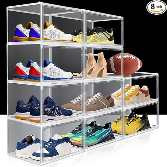 8 Pack Shoe Storage Organizer for Closet, Size 12.5 Sneaker Display Case Clear Stackable Plastic Shoe Boxes with Magnetic Acrylic Door, Fit up to US Size 12.5
