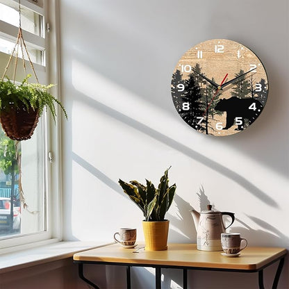 Wall Clock, 10 Inch Silent Non-Ticking Home Kitchen Decor, Battery Operated for Bathroom Bedroom Living Room Office(Forest Bear Plant)