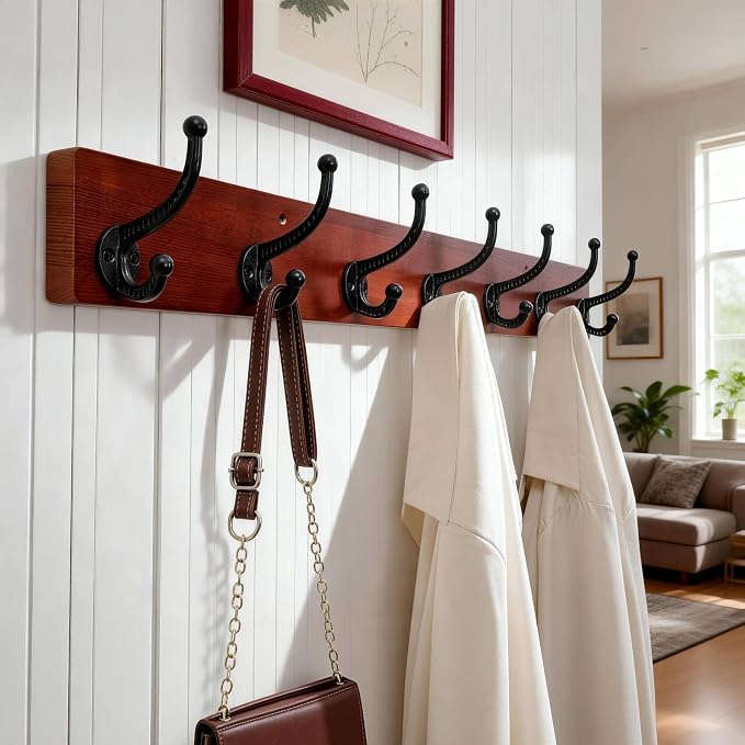 WEBI Rustic Coat Rack Wall Mount,30" Long 7 Cast Iron Coat Hooks Wall Mounted,Heavy Duty Wood Wall Coat Hanger Hooks for Hanging Coats,Jacket,Clothes,Backpack,Farmhouse,Cherry,2 Packs